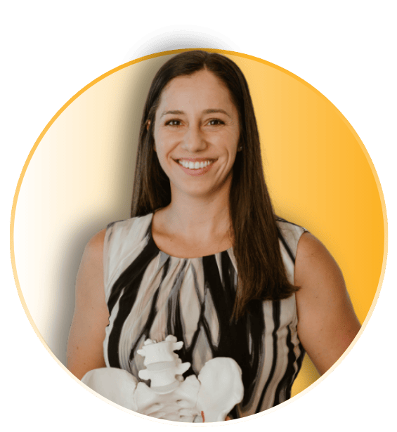Alyssa Rives smiling while holding an anatomical spine model in a circular portrait with a gold gradient background