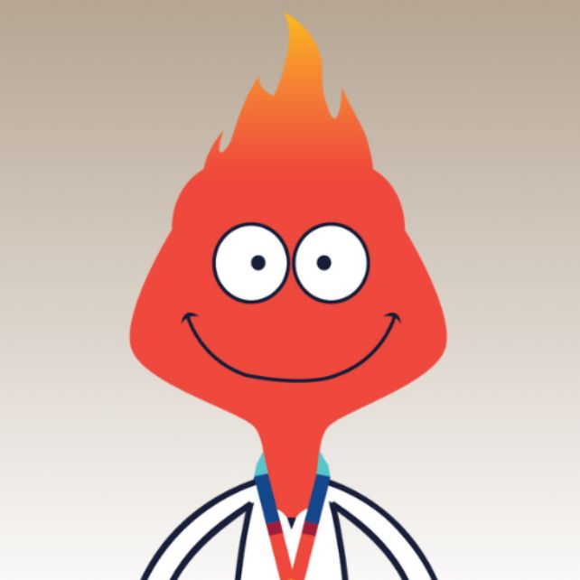 Finny Flame, the PCOM mascot, illustrated as a smiling red flame character wearing a white coat