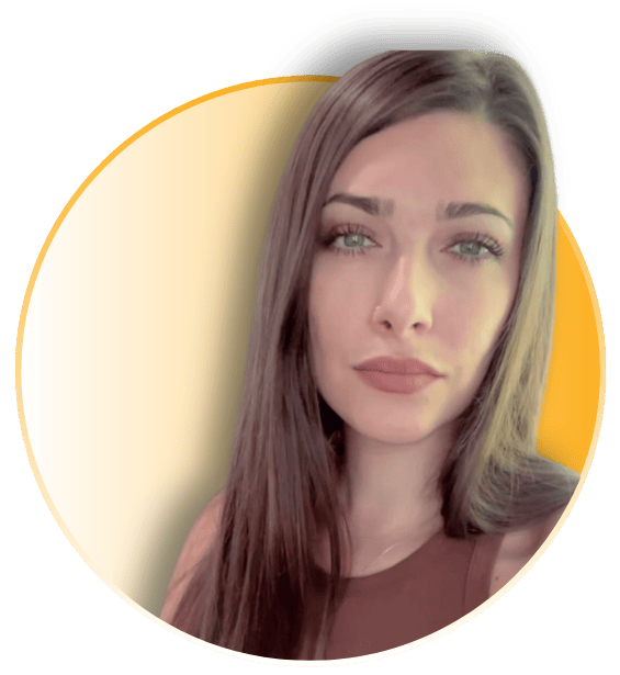 Jessica Marcacci with long brown hair in a circular frame with a gold accent border