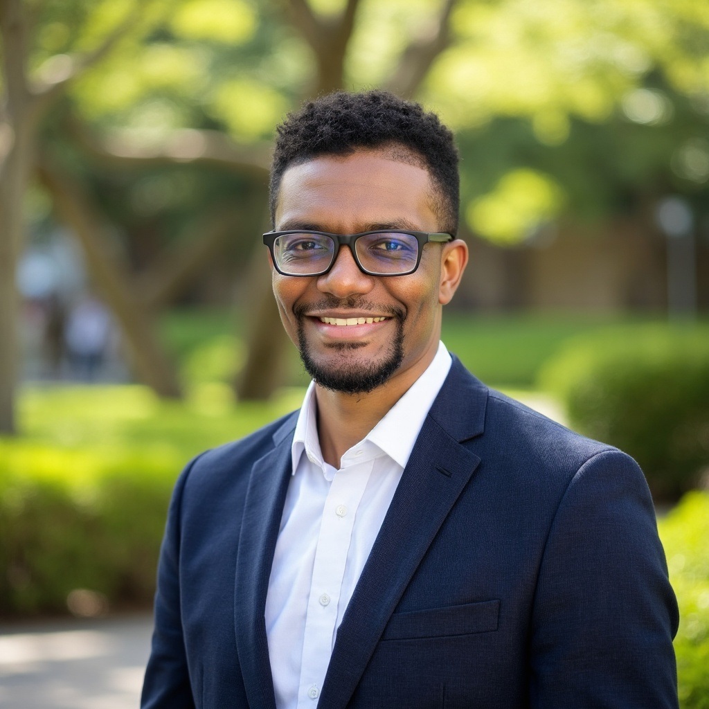 Vax Valmyr smiling in a navy blazer, white dress shirt, and glasses outdoors on a green tree-lined campus